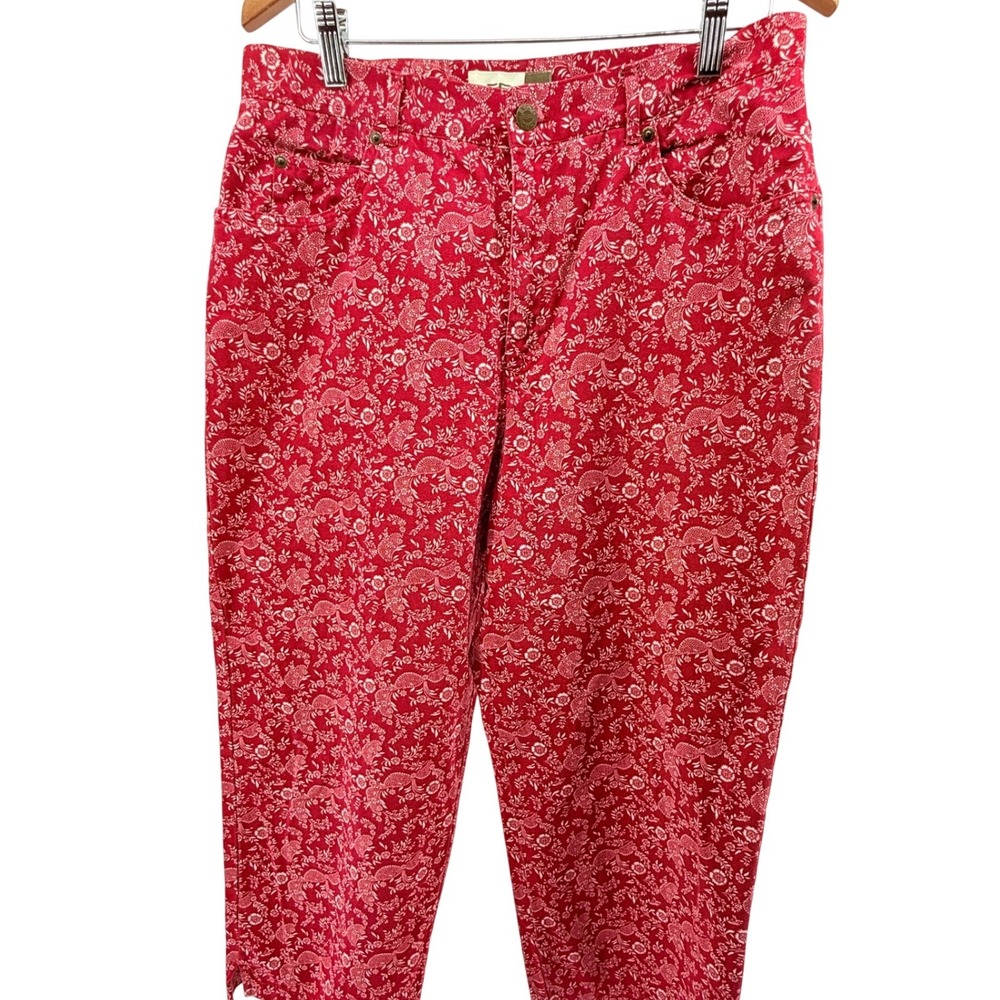 Evan Picone Women Red Floral Americana Print Twill Cropped Pants Size 14